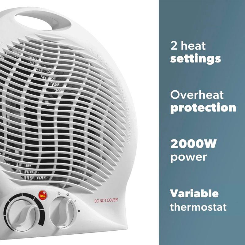 Fine Elements 2000W Upright Fan Heater 2 Heat Settings Thermostat Fan Only Mode Safety Cut-Out Instant Heat Ideal For Small Rooms