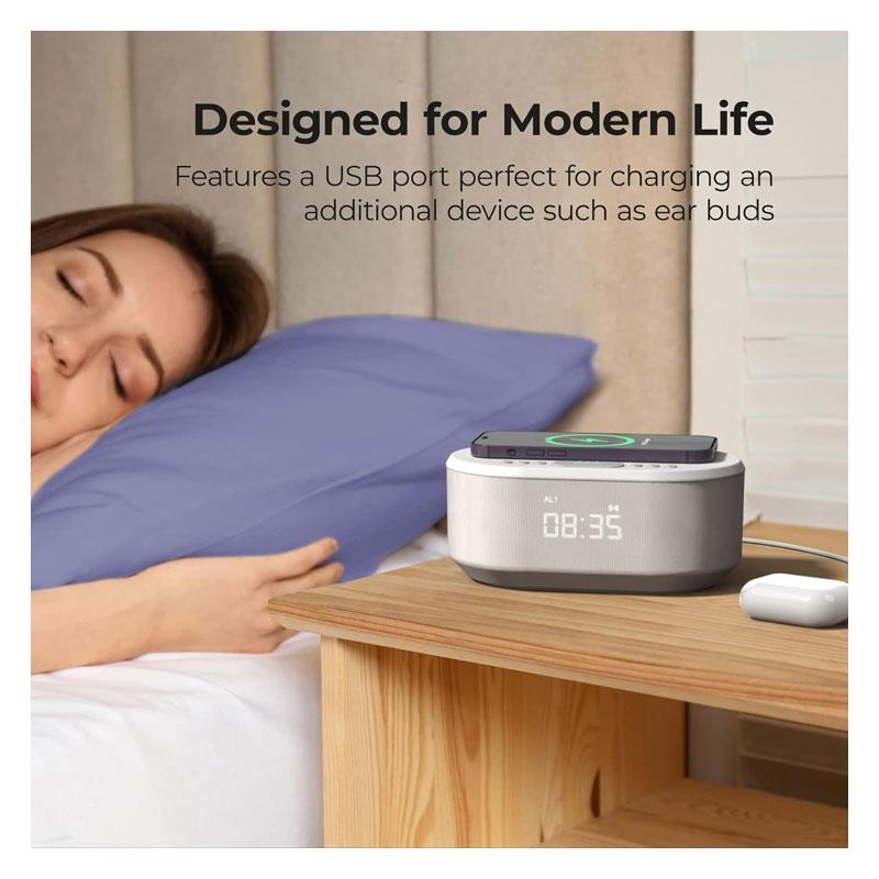 i-box Dawn Bedside Alarm Clock With Wireless Charging Bluetooth Speaker FM Radio 2 x 3W Stereo - White Secondary image