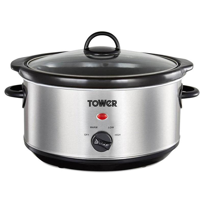 Tower Slow Cooker Stainless Steel 3.5 Litre 3 Heat Settings Removable Dishwasher Safe Pot 200W Silver