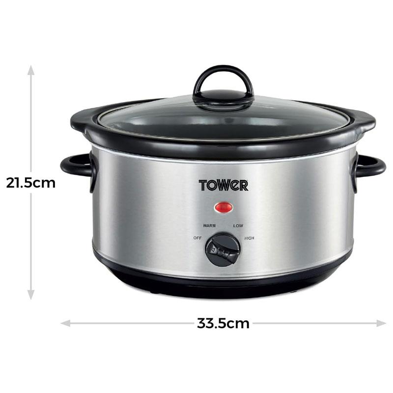 Tower Slow Cooker Stainless Steel 3.5 Litre 3 Heat Settings Removable Dishwasher Safe Pot 200W Silver