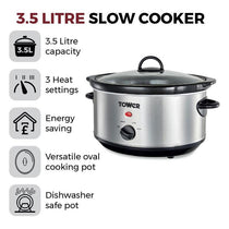 Tower Slow Cooker Stainless Steel 3.5 Litre 3 Heat Settings Removable Dishwasher Safe Pot 200W Silver