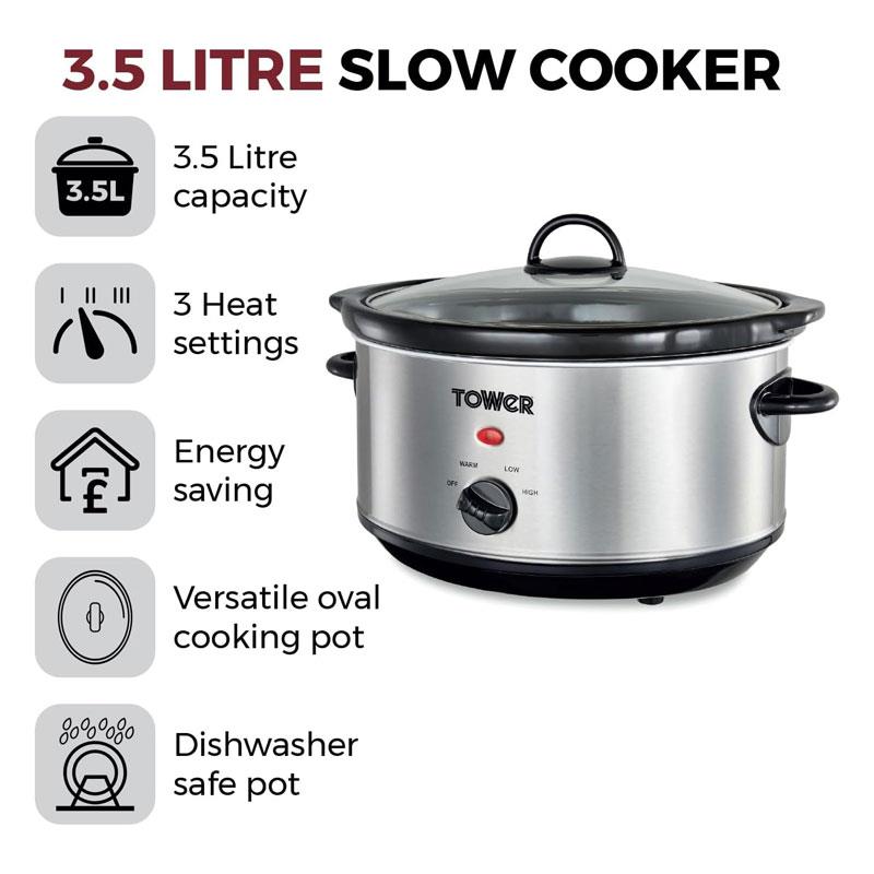 Tower Slow Cooker Stainless Steel 3.5 Litre 3 Heat Settings Removable Dishwasher Safe Pot 200W Silver