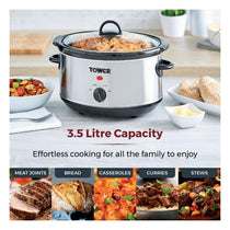 Tower Slow Cooker Stainless Steel 3.5 Litre 3 Heat Settings Removable Dishwasher Safe Pot 200W Silver
