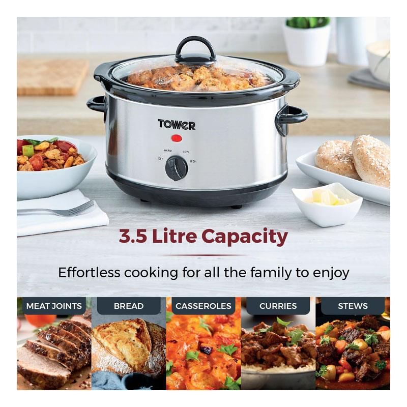 Tower Slow Cooker Stainless Steel 3.5 Litre 3 Heat Settings Removable Dishwasher Safe Pot 200W Silver