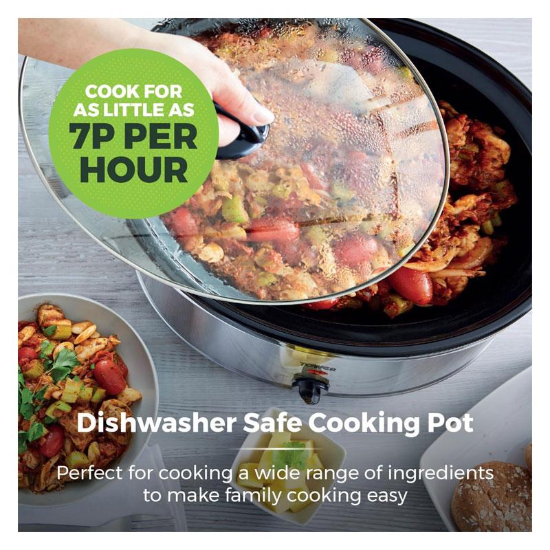 Tower Slow Cooker Stainless Steel 3.5 Litre 3 Heat Settings Removable Dishwasher Safe Pot 200W Silver
