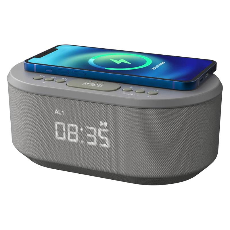 i-box Dawn Bedside Alarm Clock FM Radio Non Ticking With QI Wireless Charging Bluetooth Speaker Dimmable LED Display Grey Main image