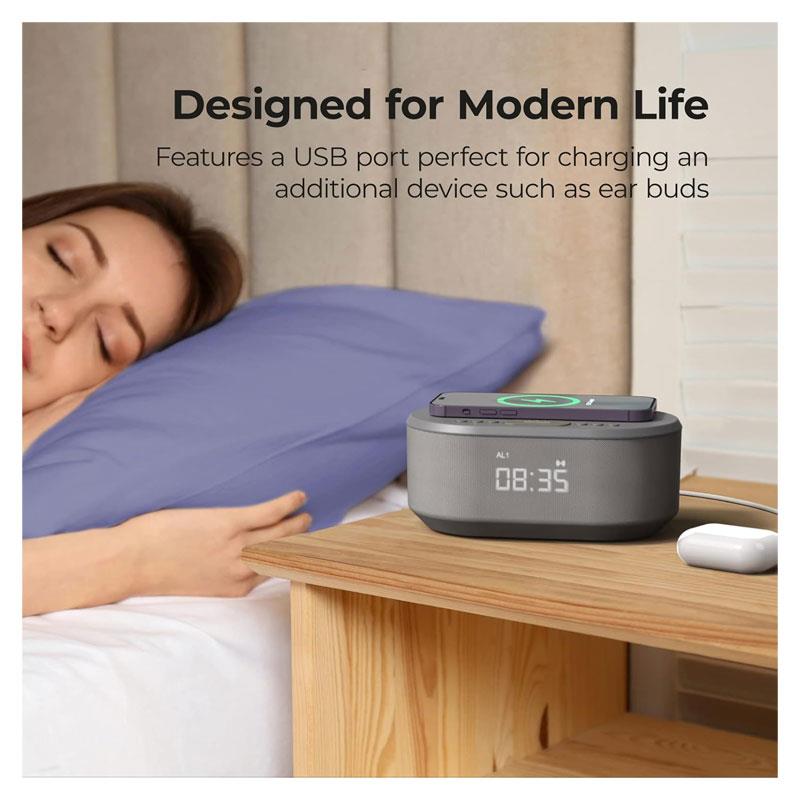 i-box Dawn Bedside Alarm Clock FM Radio Non Ticking With QI Wireless Charging Bluetooth Speaker Dimmable LED Display Grey Secondary image