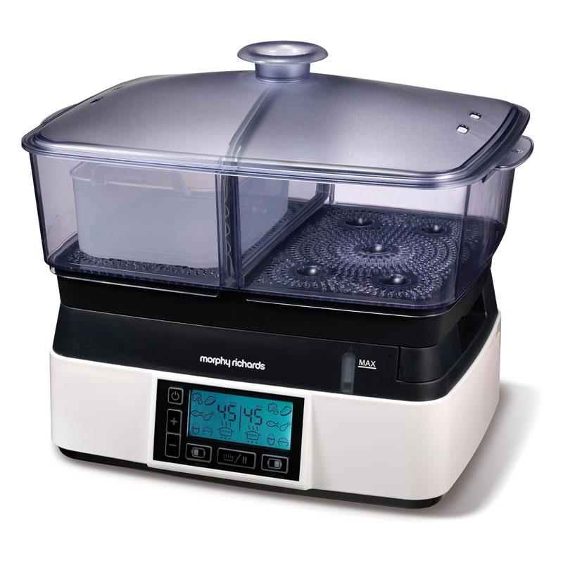Morphy Richards Compact Intellisteam Food Steamer 6 Litres Synchronised Steaming Digital Display White & Black Main image