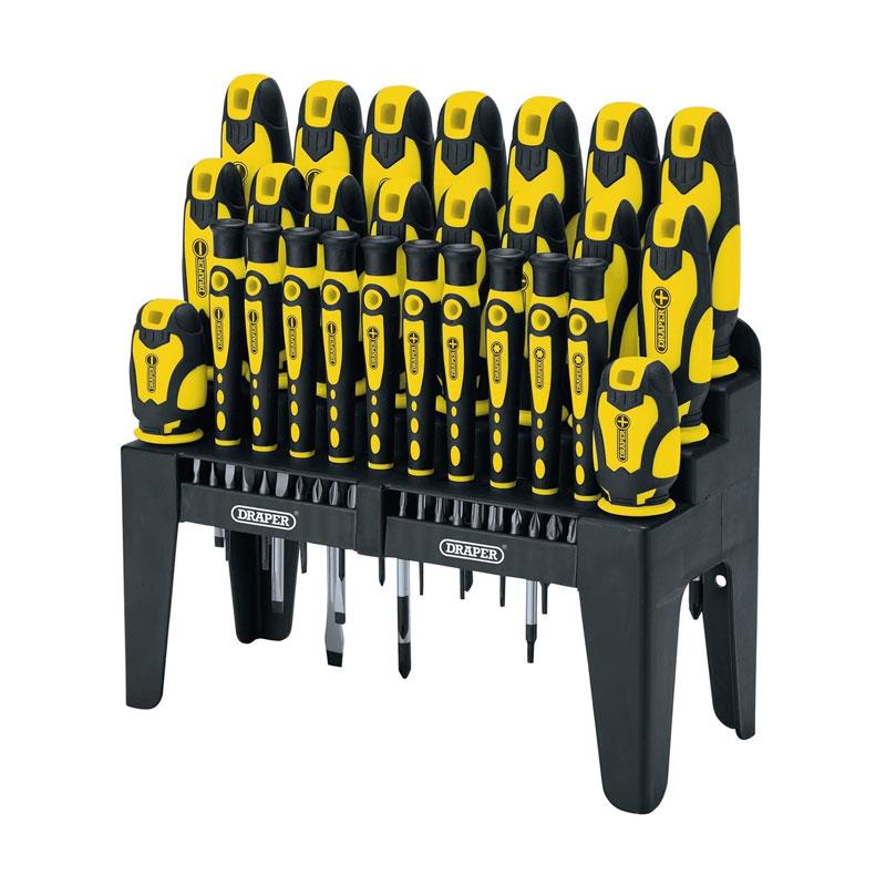Draper Soft Grip Screwdriver And Bit Set Chrome Vanadium Steel 47 Piece In Convenient Storage Stand Assorted Sizes Yellow Main image