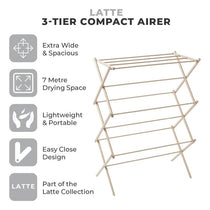 Tower 3 Tier Compact Airer 11 Drying Rods Anti-Slip Feet Weight Capacity 10kg Latte