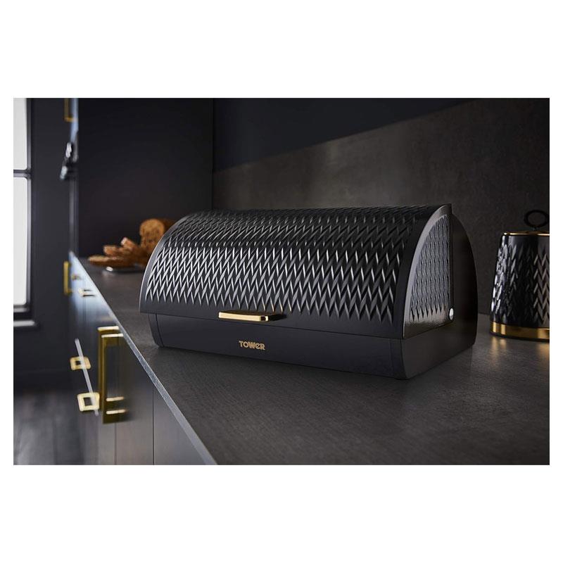 Tower Empire Roll Top Bread Bin Stainless Steel Black And Brass