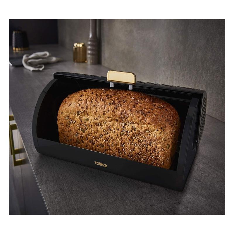 Tower Empire Roll Top Bread Bin Stainless Steel Black And Brass
