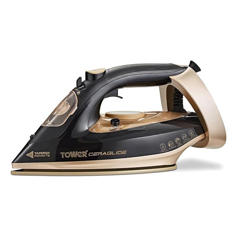 Tower Ceraglide Steam Iron Ceramic Soleplate Fast Heat-Up 3100W 265ml Water Tank Black And Gold