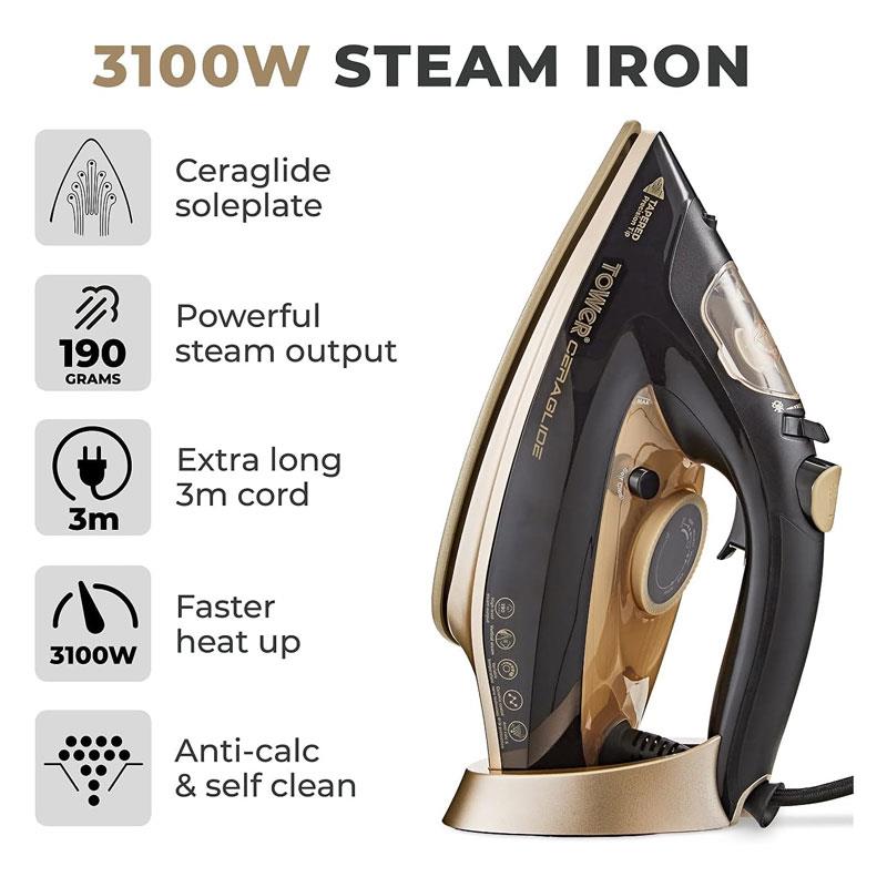 Tower Ceraglide Steam Iron Ceramic Soleplate Fast Heat-Up 3100W 265ml Water Tank Black And Gold Secondary image