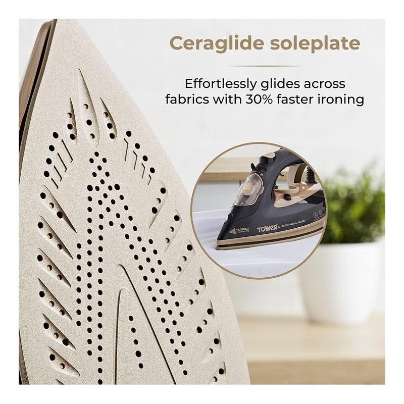 Tower Ceraglide Steam Iron Ceramic Soleplate Fast Heat-Up 3100W 265ml Water Tank Black And Gold