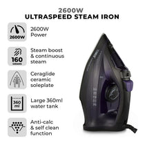 Tower CeraGlide Ultra Speed Iron Ceramic Soleplate Variable Steam Function 2600W Purple