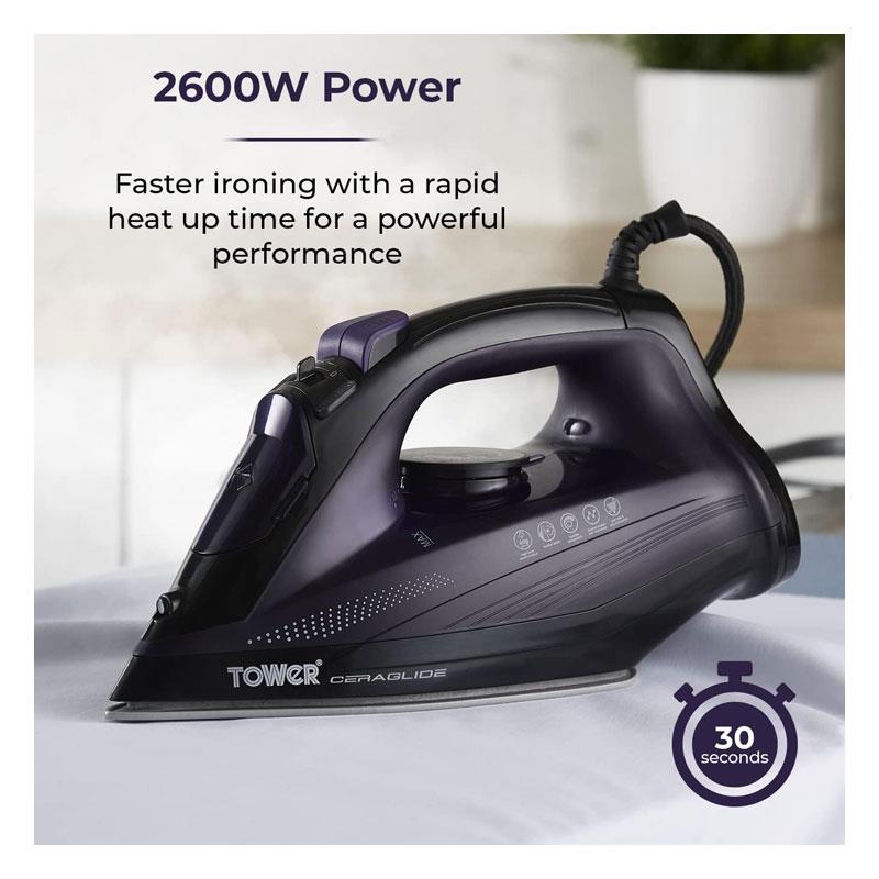 Tower CeraGlide Ultra Speed Iron Ceramic Soleplate Variable Steam Function 2600W Purple