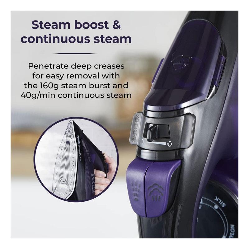 Tower CeraGlide Ultra Speed Iron Ceramic Soleplate Variable Steam Function 2600W Purple