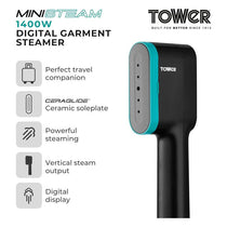 Tower Digital Handheld Garment Steamer Ceraglide Ceramic Soleplate Brush Attachment 1400W Black & Teal