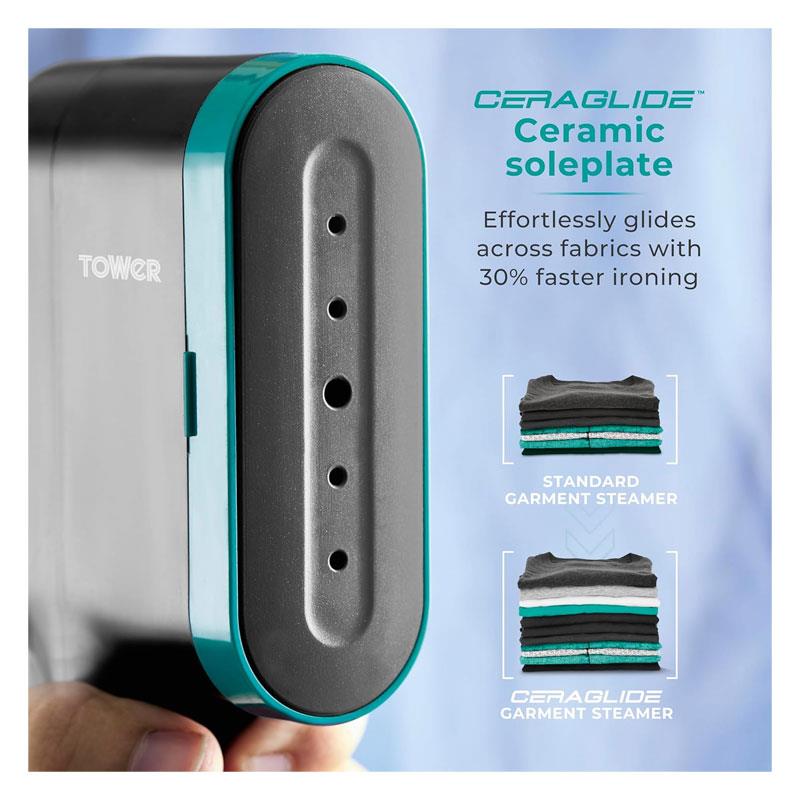 Tower Digital Handheld Garment Steamer Ceraglide Ceramic Soleplate Brush Attachment 1400W Black & Teal