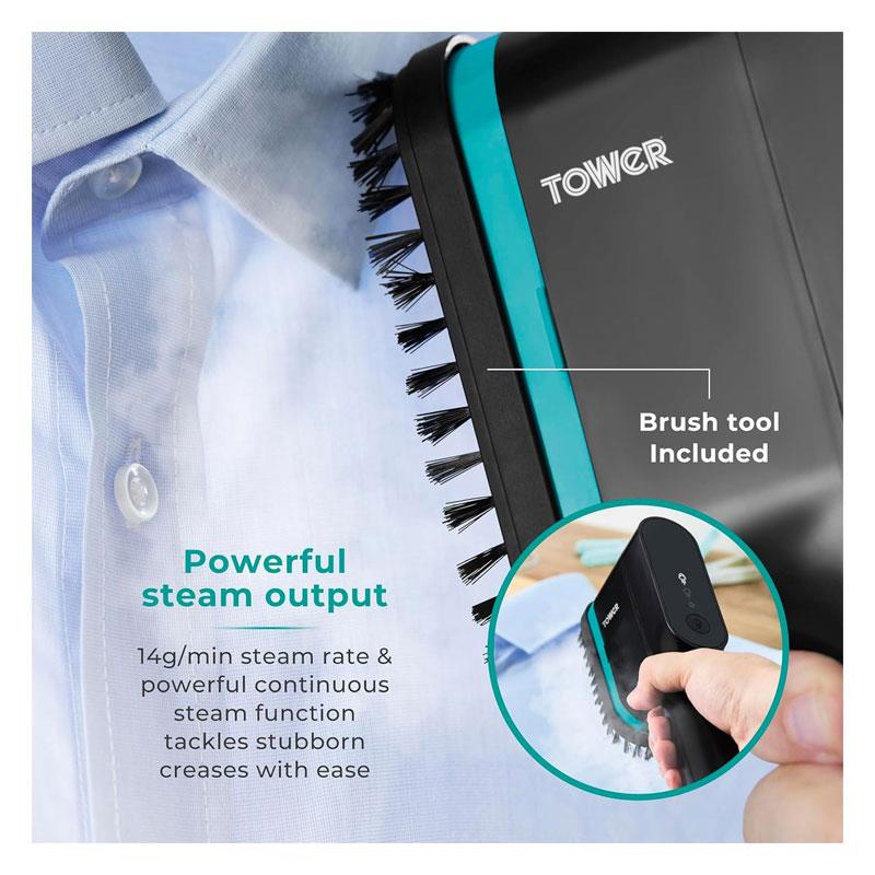 Tower Digital Handheld Garment Steamer Ceraglide Ceramic Soleplate Brush Attachment 1400W Black & Teal