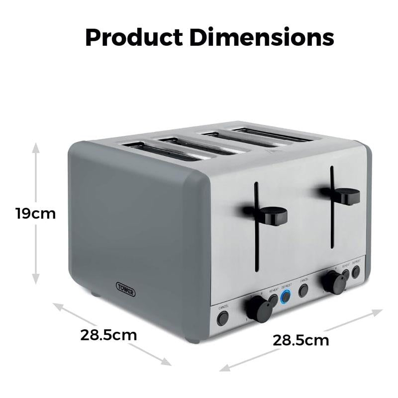 Tower Sera 4 Slice Toaster 6 Browning Levels Defrost Reheat Cancel Functions 1800W Grey
