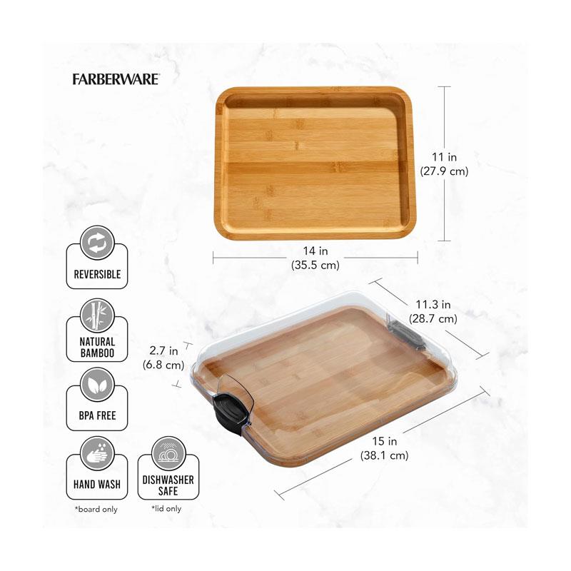 Farberware Build-A-Board Bamboo Rectangular Board Clear Locking Lid Black Handles Wood Secondary image