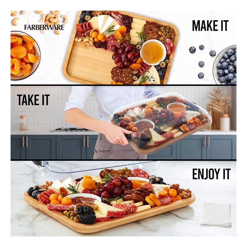 Farberware Build-A-Board Bamboo Rectangular Board Clear Locking Lid Black Handles Wood