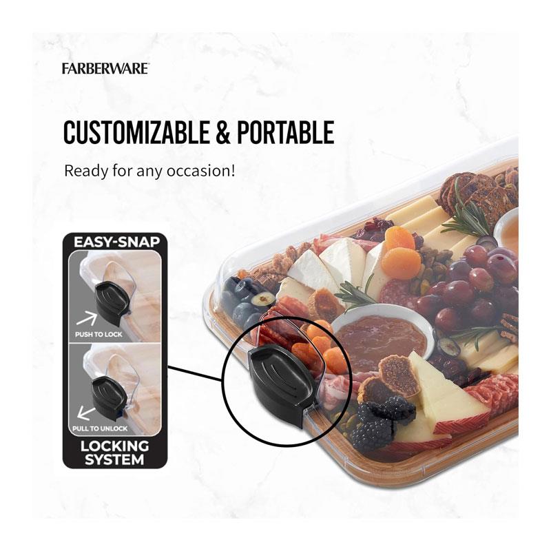 Farberware Build-A-Board Bamboo Rectangular Board Clear Locking Lid Black Handles Wood