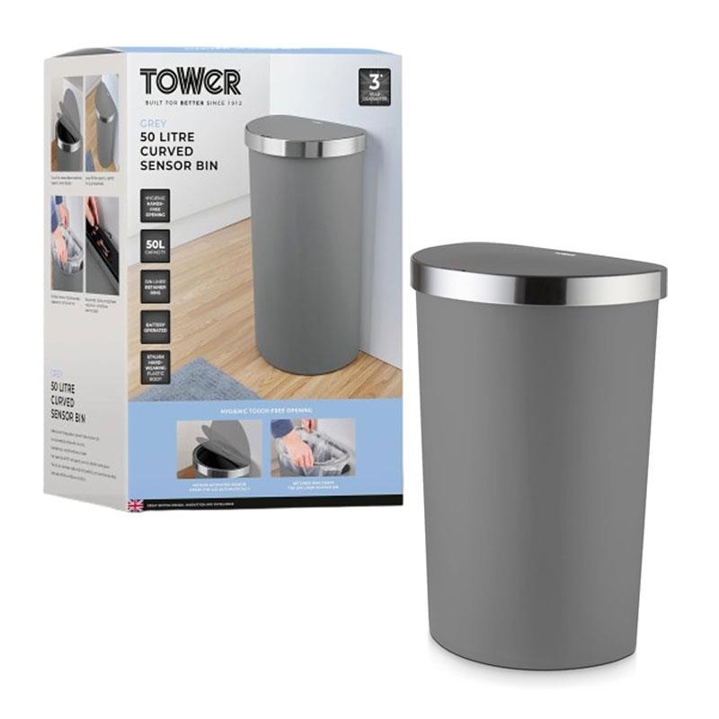 Tower Curved Sensor Bin With Bin Liner Retainer Ring Durable PP Body Battery Operated Stainless Steel Trim Lid 50 Litres Grey