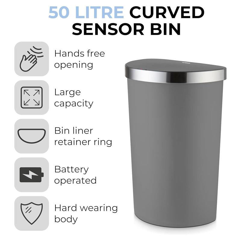 Tower Curved Sensor Bin With Bin Liner Retainer Ring Durable PP Body Battery Operated Stainless Steel Trim Lid 50 Litres Grey