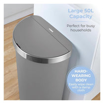 Tower Curved Sensor Bin With Bin Liner Retainer Ring Durable PP Body Battery Operated Stainless Steel Trim Lid 50 Litres Grey