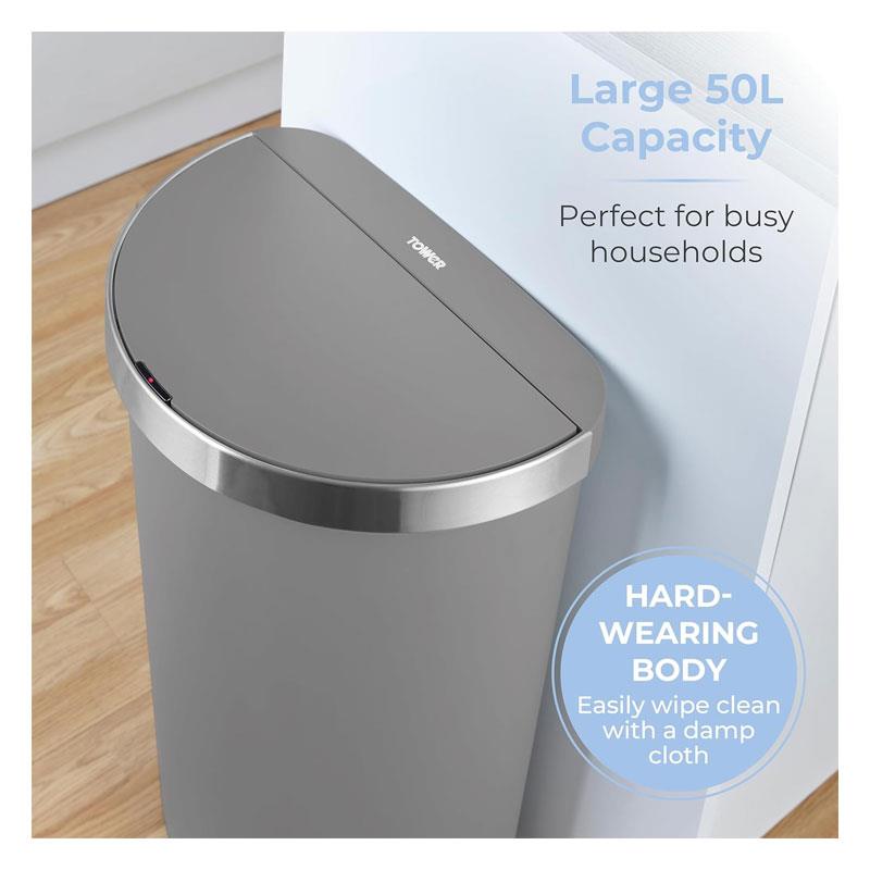 Tower Curved Sensor Bin With Bin Liner Retainer Ring Durable PP Body Battery Operated Stainless Steel Trim Lid 50 Litres Grey