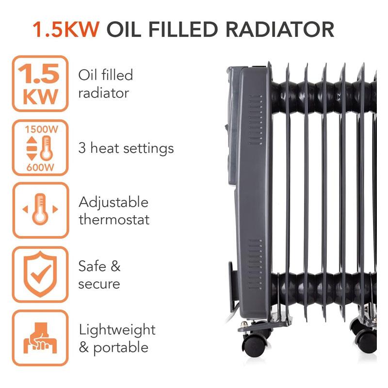Warmlite 7 Fin Oil Filled Radiator Adjustable Thermostat And Overheat Protection 1500W Dark Titanium