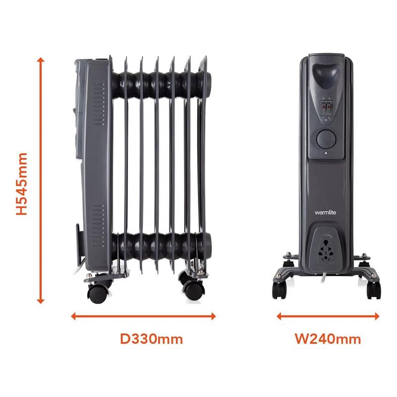 Warmlite 7 Fin Oil Filled Radiator Adjustable Thermostat And Overheat Protection 1500W Dark Titanium