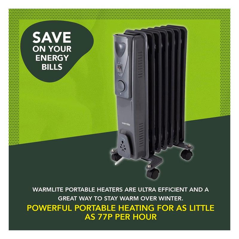 Warmlite 7 Fin Oil Filled Radiator Adjustable Thermostat And Overheat Protection 1500W Dark Titanium
