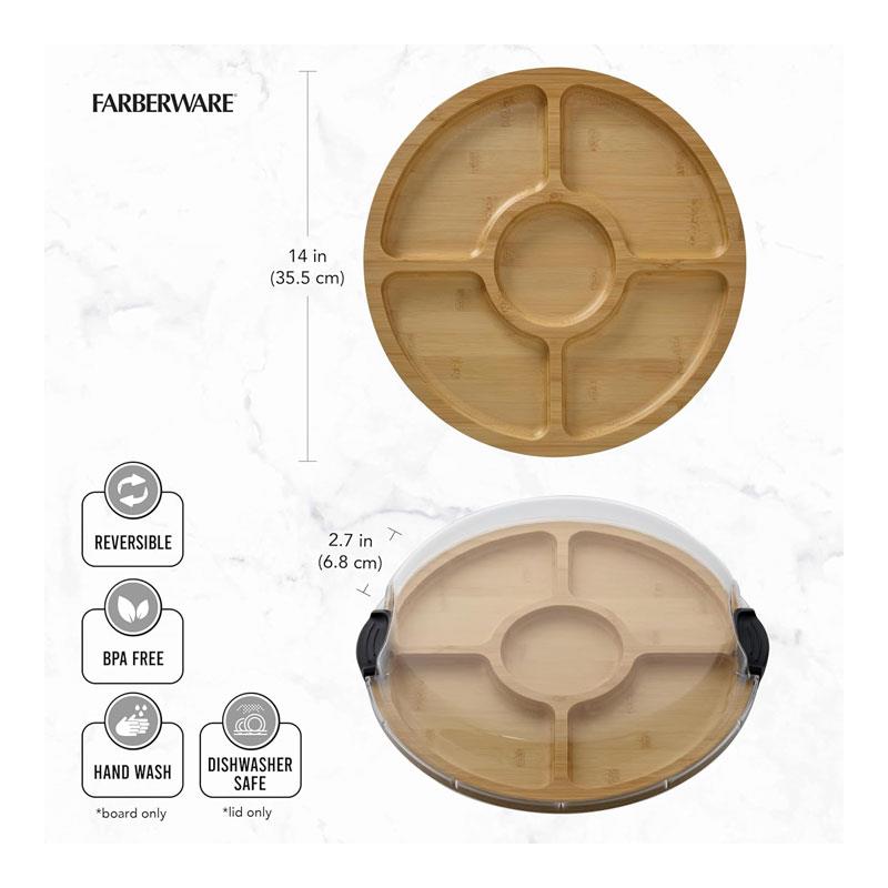 Farberware Build-A-Board Bamboo Divided Serving Board Five Compartments Clear Locking Lid 35.5cm Wood