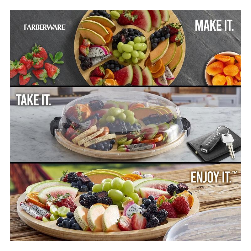Farberware Build-A-Board Bamboo Divided Serving Board Five Compartments Clear Locking Lid 35.5cm Wood
