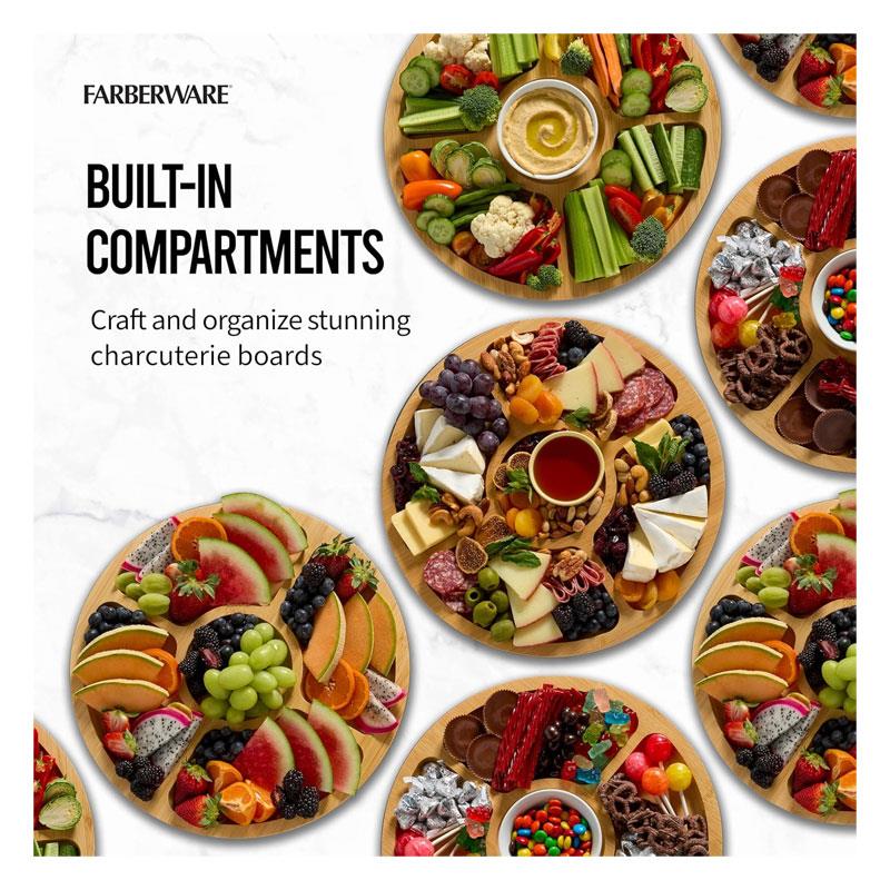 Farberware Build-A-Board Bamboo Divided Serving Board Five Compartments Clear Locking Lid 35.5cm Wood