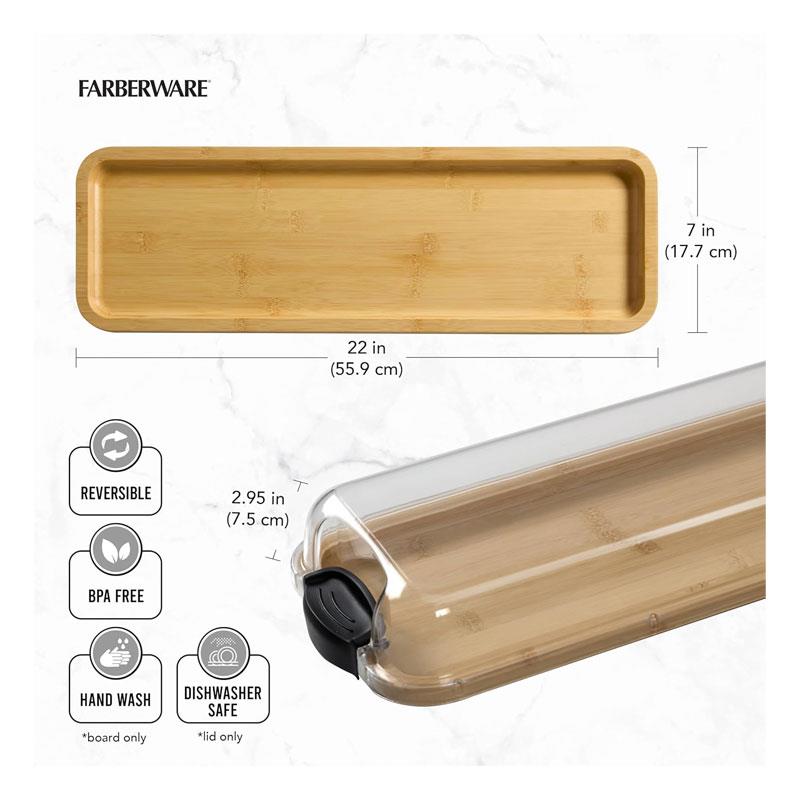 Farberware Build-A-Board Bamboo Platter Rectangular Single Compartment Clear Locking Lid 17x56cm