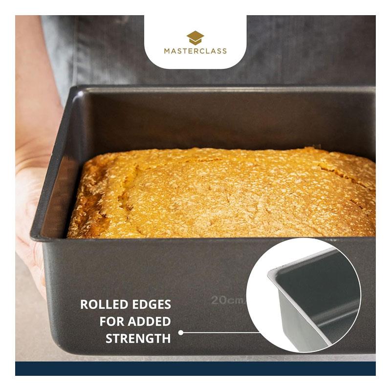 MasterClass Non-Stick Square Loose Base Deep Cake Pan Baking Tray 20cm PTFE PFOA BPA Free Carbon Steel Grey