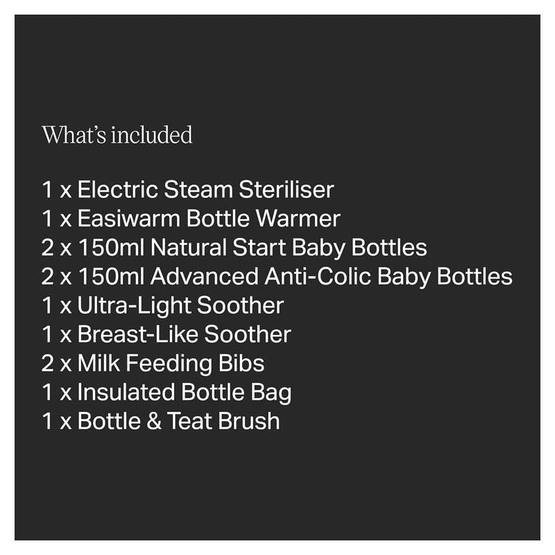 Tommee Tippee New Complete Feeding Kit Electric Steam Steriliser Newborn Self-Sterilising Baby Bottles Easiwarm Bottle Warmer Black