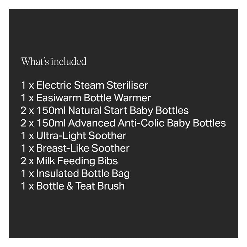 Tommee Tippee New Complete Feeding Kit Electric Steam Steriliser Newborn Self-Sterilising Baby Bottles Easiwarm Bottle Warmer White