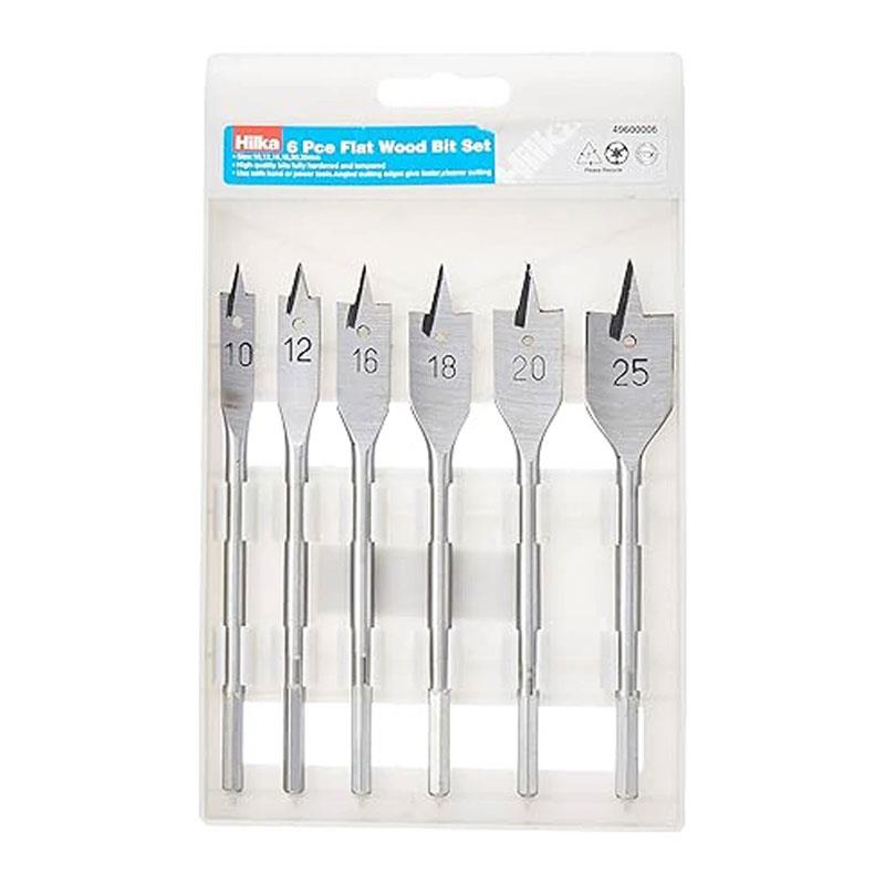 Hilka Tools Flat Wood Bit Set 10, 12, 16, 18, 20, 25mm Sizes 6 Piece