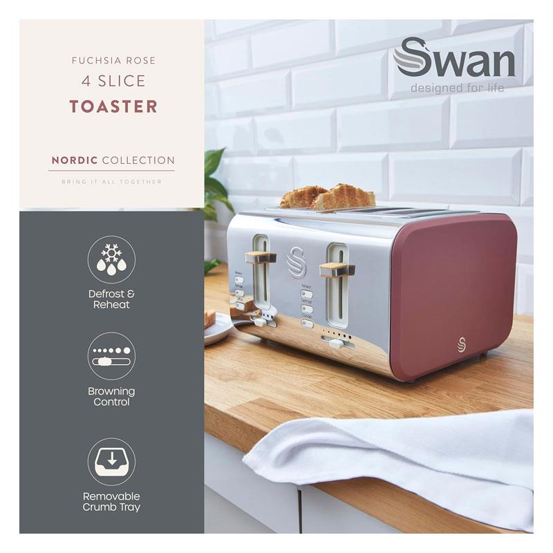 Swan Nordic 4 Slice Toaster 6 Browning Levels Defrost/Reheat/Cancel Removable Crumb Trays 1500W Fuchsia Rose
