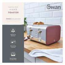Swan Nordic 4 Slice Toaster 6 Browning Levels Defrost/Reheat/Cancel Removable Crumb Trays 1500W Fuchsia Rose