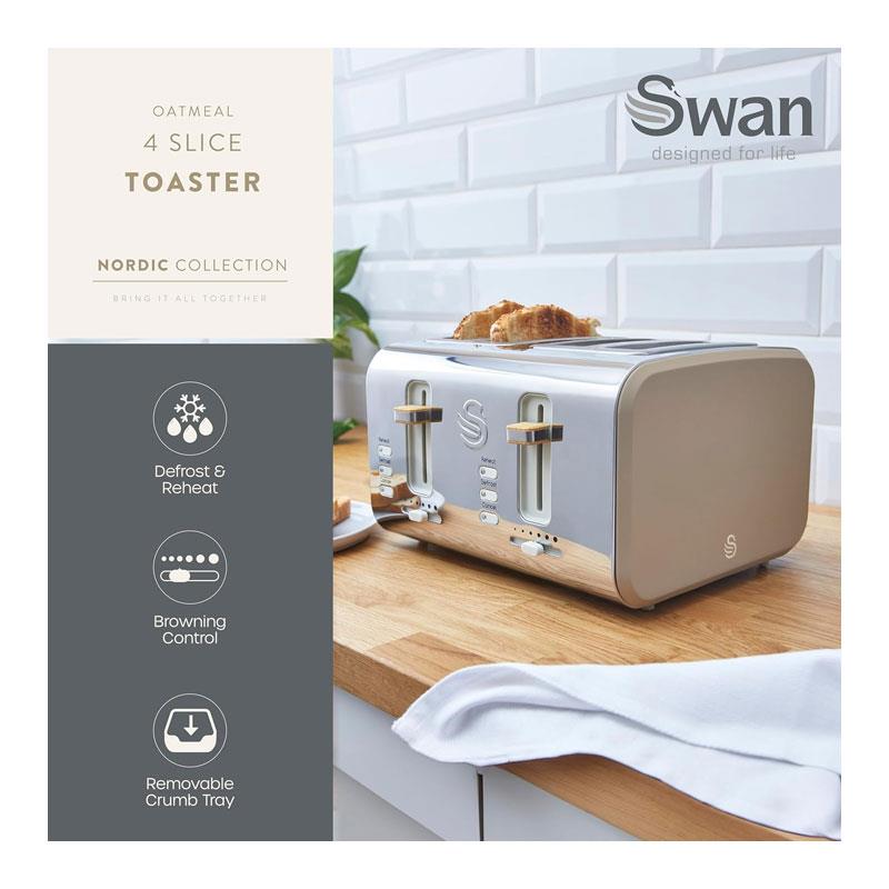 Swan Nordic 4 Slice Toaster 6 Browning Levels Defrost/Reheat/Cancel Removable Crumb Trays 1500W Oatmeal