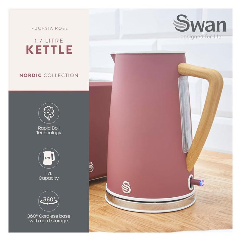 Swan Nordic Cordless Jug Kettle Fast Boil Overheat Protection Soft Touch Handle 3000W 1.7 Litres Fuchsia Rose