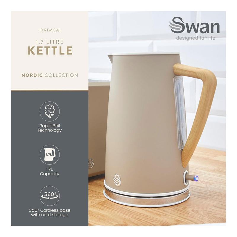 Swan Nordic Cordless Jug Kettle Fast Boil Overheat Protection Soft Touch Handle 3000W 1.7 Litres Oatmeal White