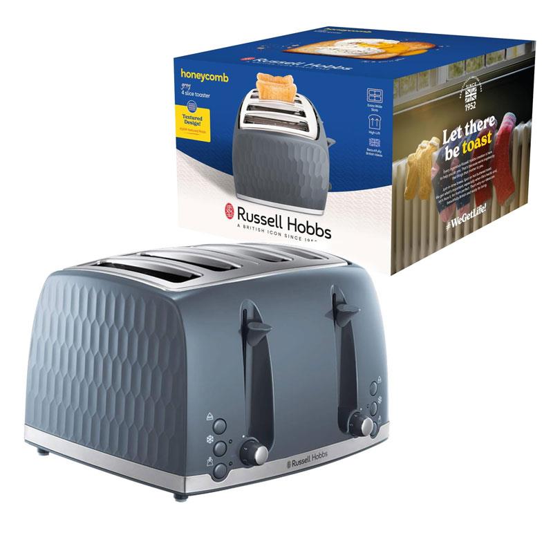 Russell Hobbs Honeycomb 4 Slice Toaster 6 Browning Levels Frozen/Cancel/Reheat Extra Wide Slots High Lift 1500W Grey Main image